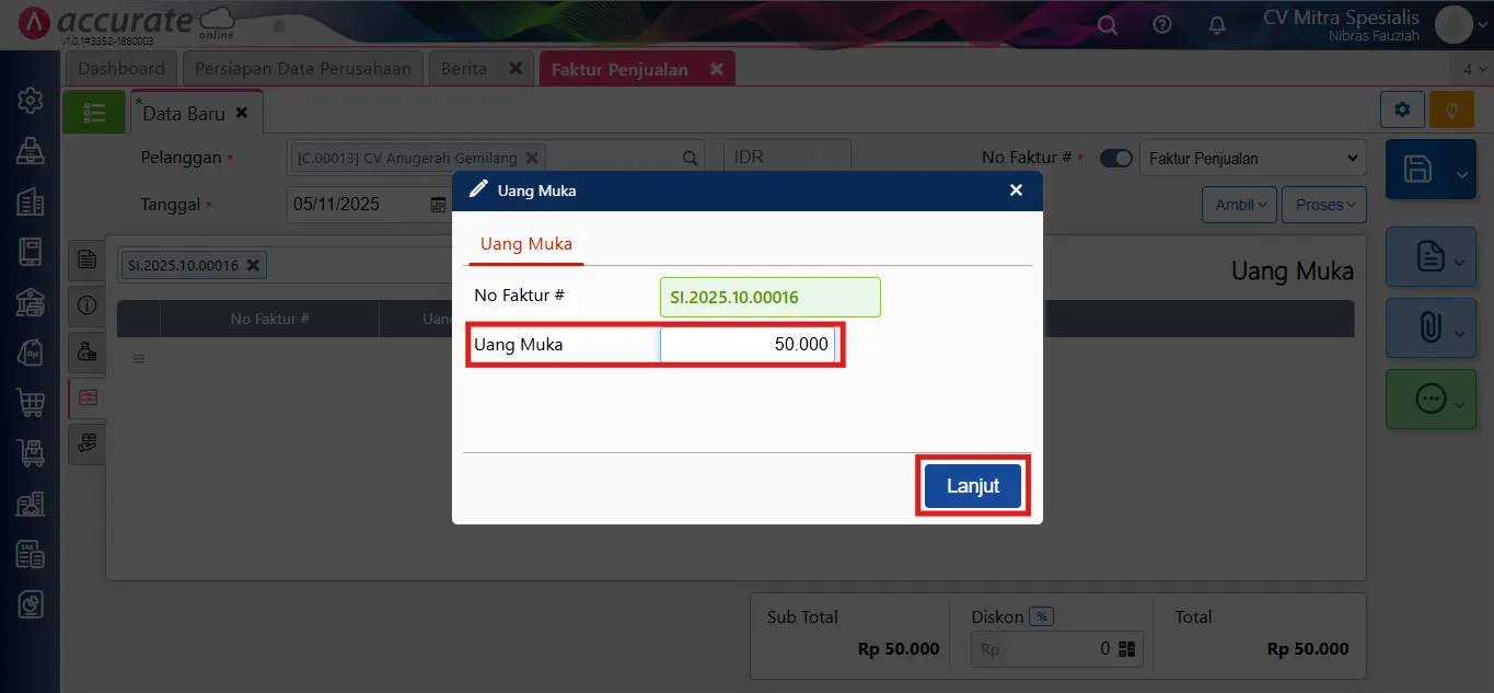 Mencatat uang muka penjualan sebagian